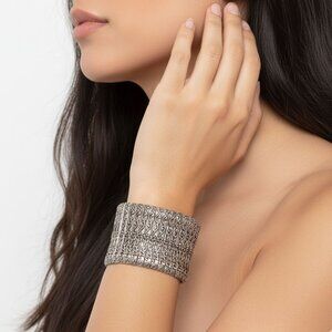 Silver Metal Wide Stretch Cuff Bracelet Floral Antiqued Boho Brushed Bangle